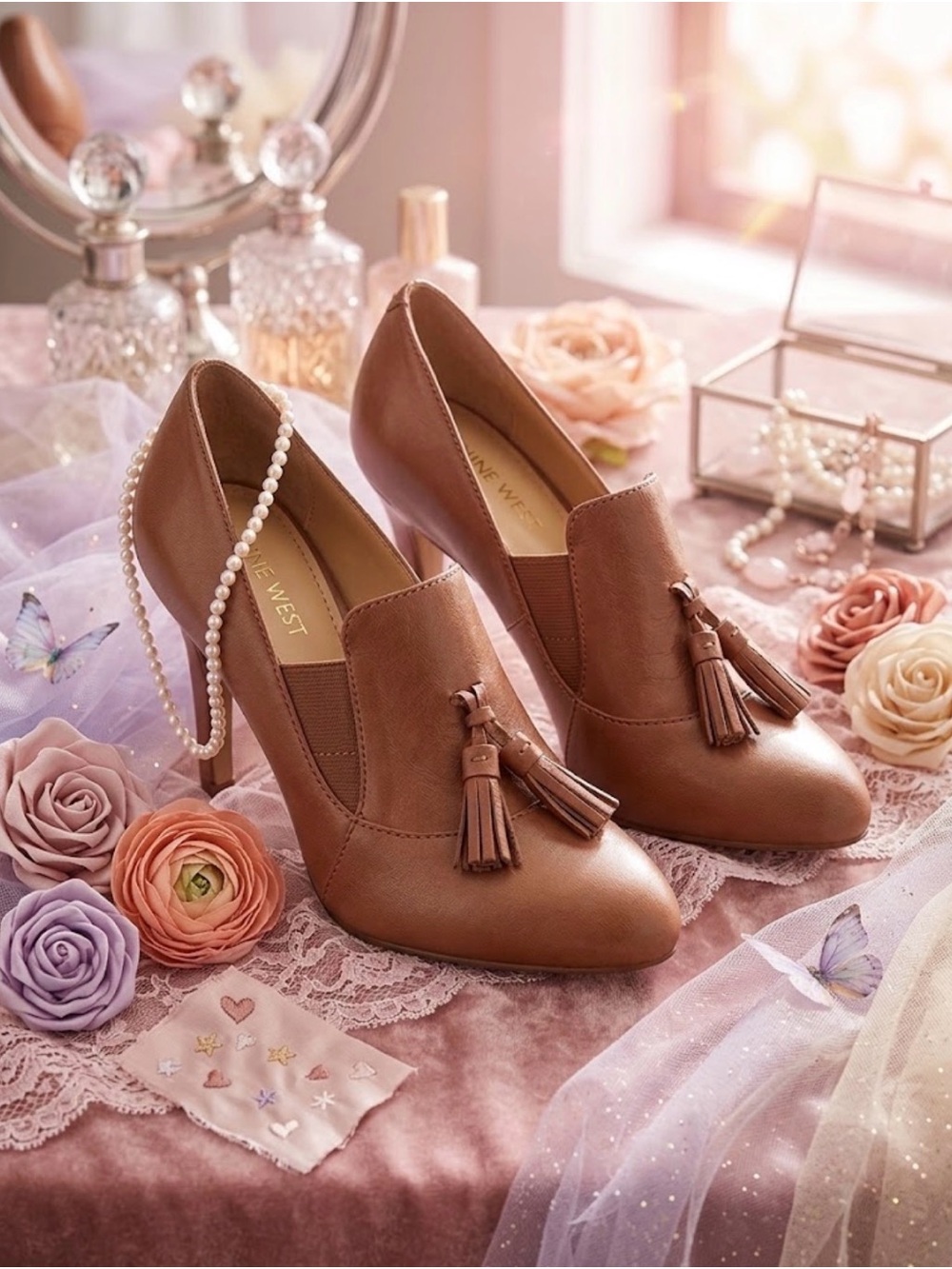 🛼Nine West Tan Tassel Heels - Slip-On Pointed Pumps